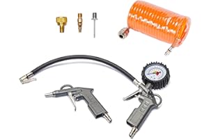 POWER AERO NOVIA Kit aria compressa 6 pezzi (Include pistola di gonfiaggio con manometro per Auto, tubo a spirale da 5 m, pistola di soffiaggio corta,Kit 3 aghi di gonfiaggio) ﻿