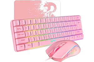 HXSJ Kit Tastiera e Mouse Gaming 60%, Cablata 61 Tasti Tastiere Ultra-Compact Portatili RGB Retroilluminato 3600 DPI Mouse Ottico Ergonomico per Windows Mac PC Laptop Giochi & Ufficio, Rosa