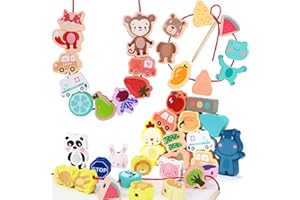 Toyssa 57 Pièces Billes de Laçage Perles en Bois Perles de Animaux Jouet Billes de Laçage pour Enfants Jouet Montessori Jouets Éducatifs Cadeau D'anniversair pour Enfants Garçons Filles 2 3 4 5 Ans