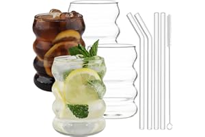 Vexillic Vasos Cristal Ondulado, 4 Piezas 350ML Tazas de Vidrio de Burbuja, Vintage Transparente Juego de Vasos con Pajita y Cepillo para Agua Café Cóctel Soda