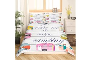 HOMEWISH Camping Bettbezug Wohnwagen Bettwäsche Set 135 x 200 cm Cartoon Reise Auto Bettbezug für Kinder Jungen Mädchen Teenager Grauer rustikaler Holz Stil Bettbezug Bunte Auto Bettwäsche Wohnmobil Zubehör