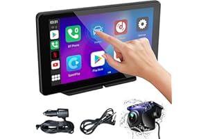 NFOIEIS 7 Pulgadas Pantalla Coche, Portátil Carplay Coche con A-pple Carplay y Android Auto, Car Play Inalámbrico para A-pple Coche con Cámara de Seguridad, GPS, Control por Voz, Mirror Link, Bluetooth, FM