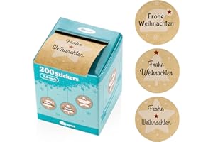 ‎AGOER 200 Stück Aufkleber Weihnachten Etiketten im Spender - Selbstklebend Weihnachtssticker, Kraft Papier Sticker 40 mm Frohe Weihnachten, Geschenk, Weihnachtspost