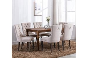HomeTouch Luxury Velvet Dining Chairs Set of 6 Upholstered Knocker Wing Back Kitchen Dining Room Bedroom Chair with Oak Legs, Hand Made (Beige)