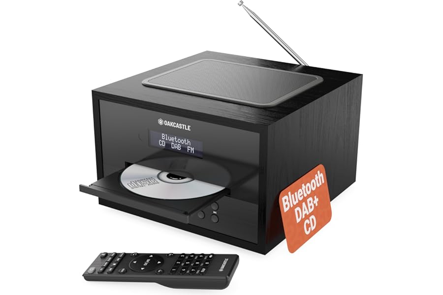 Bluetooth DAB+ Radio & CD Player | 40 Watt Mains Powered Hifi System for Home | Inbuilt Speakers, LED Display | Dual Alarm, 20 Presets & FM | USB, MP3, AUX | Remote Control Included | Oakcastle DAB400