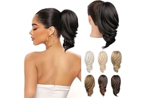 REECHO Ponytail Extension - 12" Short Claw Clip in Ponytail Hair Extension Wavy Clip in Ponytail Natural Soft Synthetic Pony Tail Hair Pieces for Women (Black Brown)