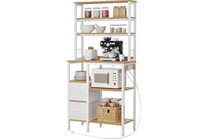YITAHOME Kitchen Storage Rack with Power Outlet, 2 AC outlets 2 USB ports, Coffee Bar, Baker's Rack with 2 Drawers and 4 Hooks, microwave shelf, for oven, 31.5 x 15.7 x 66 inch, Oak and White