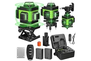 GEEVORKS Nivel Láser 360 Nivel Laser Autonivelante 3° 4D 16Líneas 25M Láseres de Línea Verde Cruzada con Control Remoto+Control móvil,2 * 2400mAh Baterías,Base de Rotación,Soporte en Pared y Bolsa