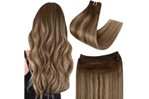 Easyouth Extensiones Cabello Cortina Natural Lisco et Long Extension de Cabello Cortina Ombre Marrón Cabello Natural Cortina Balayage Marron Medio a Rubio Miel 100g 18 Pulgadas #4/27/4