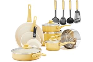 GreenLife Soft Grip Batteria di Pentole 16 Pezzi, Rivestimento Antiaderente senza PFAS,Padella 12/18/24 cm,Casseruola con Coperchi, Pentola 15/18 cm,Lavabile in Lavastoviglie, Giallo
