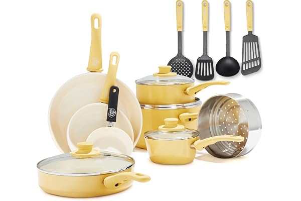 GreenLife Soft Grip Batterie de Cuisine avec Revêtement Antiadhésif Sain en Céramique Sans PFAS 16 Pièces, Avec des Poêles, Casseroles, Faits-touts, Marmites, Lave-vaisselle, Compatible au Four, Jaune