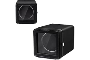 Mcbazel Automático de Relojes,Elegante Caja de Enrollador Automático para Reloj Individual,Caja de Cuerda Automática Motor Silencioso,4 Modos de Rotación Automática Rectangular de Cuero PU con Luz LED
