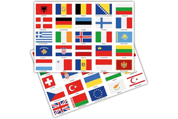 Finest Folia R108 Lot d'autocollant comportant 50 drapeaux de pays d’Europe, sur 2 feuilles format A4, chaque drapeau mesure 4,9 x 3,3 cm, pour modélisme, vélo, voiture, moto, décoration