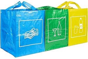 QILZO® Zestaw 3 worków do recyklingu śmieci, worków na śmieci Pojemność 40L, recyklingu szkła, tworzyw sztucznych i papieru