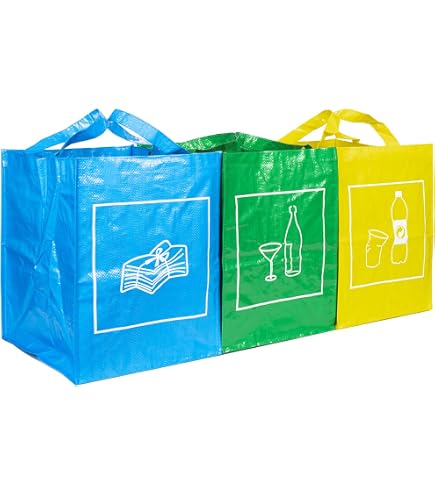 Lot 3 sacs de recyclage ménagers l.31 x H.44 cm bleu, vert et jaune Lot 3 sacs de recyclage ménagers l.31 x H.44 cm bleu, vert et jaune