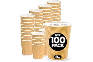 Zuvo Coffee Cups 8 OZ - NO Lids - 100 Disposable Brown Ripple Coffee Cups - Ideal for Takeaways