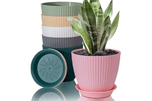 FORAGIFT 15cm Plant Pots Indoor, 6 Pack Stripe Grooves Plastic Flower Pots with Drainage Holes and Tray, Modern Decorative Planter Pot for All House Plants, Colourful