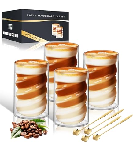 Latte Macchiato dubbelwandige espressokopjes, set: 4 x 450 ml, dubbelwandige cappuccinokopjes, koffiekopjes, ijskoffie, glazen koffiekopjes