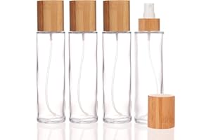 COSIDEA Lot de 4 flacons vaporisateurs vides en verre transparent avec couvercle en bambou de 150 ml avec tête de pulvérisation fine pour contenants de parfum liquide, bouteilles de toner