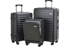 TydeCkare Juego de Maletas de 3 Piezas (20/24/28), Solo 20" con Bolsillo Delantero, Cabina de 55x40x20cm, Equipaje Facturado de 24"=66cm y 28"=76cm, Hardshell, Liviana, con Cerradura TSA, Negro