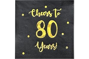 HAPPY PALACE Cheers to 80 Years Cocktail Napkins | Happy 80th Birthday Decorations for Men and Women and Wedding Anniversary Party Decorations | 50-Pack 3-Ply Napkins | 5 x 5 inch folded (Black)