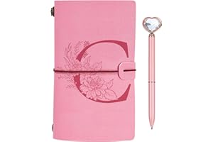 TOOZEN Regalo Diario in Pelle Iniziale, Diario di Viaggio Rosa, Taccuino in Pelle Rifillabile con Penna Diamante Cuore, Idee Regalo Compleanno, Ringraziamento, Natale per Donne Ragazze Amica Scrittori C