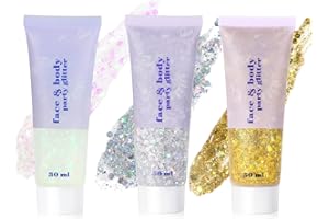URAQT Lot de 3 gels à paillettes holographiques sirène pour le visage, lotion étincelante pour les yeux, les cheveux, les ongles, le bricolage (B), blanc et argenté doré - 50 ml