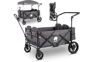 ‎ELVENT elvent® WagonPro Premium Bollerwagen | Handwagen faltbar mit Dach I 4 Sitzplätze I Sitzpolster, Hecktasche, Off-Road-Reifen, Feststellbremse, 5-Punkt-Gurte I Für bis zu 4 Kinder (Grau)