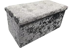 Rehmat Collection 2 Seater Crushed Velvet Ottoman Storage Cube Toy Box Chest With Diamanté Studded Lid - Foldable/Collapsable (Silver)