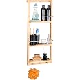 Étagère Salle De Bain En Bambou Naturel - 3 étages Avec Crochets - 70x28,5x10 Cm - Range Serviettes & Produits Douche