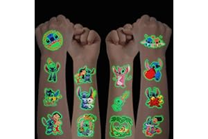 FLYFTREY Świecące tatuaże dla dzieci, 12 arkuszy S-titch, zestaw tymczasowych tatuaży dla chłopców i dziewczynek, wodoodporne tatuaże dziecięce na prezenty urodzinowe dla dzieci, urodziny, upominek, imprezę