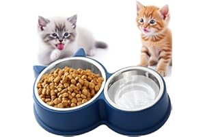 KATLKIU Set Doppia Ciotola per Gatti in Acciaio Inox, Base Antiscivolo, Lavabile in Lavastoviglie – Per Cibo Secco e Umido, Design Carino a Forma di Gatto, Colori Vivaci Assortiti (Blu)