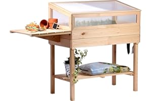 dobar® 58395e Raised Cold Frame Made of Solid Wood, Size L, Raised Bed with Cold Frame Attachment, Cold Frame with Shelf and Fold-Out Table, Planter with Greenhouse, 150 x 50 x 107 cm, Natural
