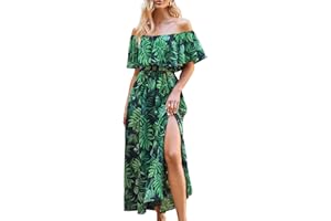 CUPSHE Sukienki damskie na lato A Line sukienki z odkrytymi ramionami falbana maxi tropikalna sukienka z nadrukiem