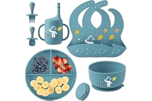 VISUCACHI Baby Weaning Set with Pattern, Suction Bowls Sets, Silicone Baby Feeding Set, Baby Weaning Essentials with Adjustable Bib, Suction Plate, Cup, Spoon and Fork
