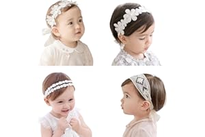 SUXGUMOE Baby Headband, 4 Pcs Cute White Flower Baby Girl Headbands Soft Elastic Lace Floral Baby Hair Bands Hair Accessories for Newborn Infant Toddler Kids Birthday Wedding Party Photography 0-36 Months