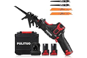 Scie Sabre Sans Fil, PULITUO Alternative avec 2×2Ah Batteries, 1 chargeur, Vitesses Réglables 0-2700SPM, Scie Egoîne Electrique sans Fil, 4 Lames Idéal pour la Coupe du Bois et du Métal