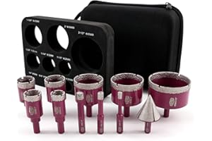 QUEFORET Diamond Drill Bits Set 11pcs - 10pcs 6/8/10/20/25/28/32/45/50/65mm Dry Hole Saw, 1pc 35mm Beveling Chamfer Bit for Ceramic Porcelain Tile Marble Granite