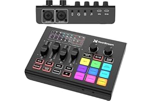 NearStream Gaming-Audiomischer mit professionellem Mikrofonvorverstärker, zwei XLR-/6,35-mm-Eingängen, 48-V-Phantomspeisung, RGB, Stimmverzerrer, Soundpads – Audio-Interface für Podcasts (AMIX20U)