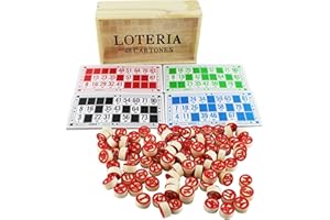 BLUECHOLON Jeu de bingo loterie traditionnelle, 48 cartons, 90 jetons numérotés à 2 faces, boîte en bois à ranger.