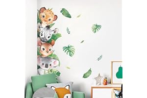 Tanlaby Safari Stickers Muraux Animaux de la Jungle Autocollants Muraux Animal Dessin Animé Sticker Mural Guépard Zèbre Cerf Koala Décoration Murale pour Chambre de Bébé Pépinière D'enfant