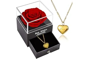 Willuck Forever Rose Box with Love Heart Necklace, for Mum,Eternal Rose with 18K Real Gold Plated Pendant for Women,Preserved Real Red Rose with Titanium Steel Necklace,Enchanted Flower Box.