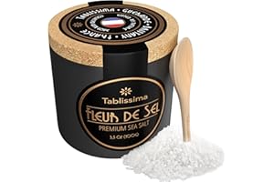 TABLISSIMA Fleur de Sel - Premium Sea salt from Guerande France - Flaky Sea Salt from the Celtic Sea - Salt Cork box and Wooden salt spoon included - 3.5 Oz (100g)
