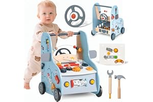 GIANT BEAN Wooden Baby Push Walker with Activity Center – Car Traffic Theme Tool Bench Shape Sorter, Steering Wheel, Gears, Beads, Montessori Toy for Toddlers 1-3, Walking Learning Baby Push Toy Speed Adjustable