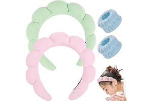 UOOUOO SpaHeadband for Face Washing, Makeup, Bubble Skincare with Terry Cloth Wristbands, Soft Puffy Headbands for Women Gifts (Light Pink+Light Green)