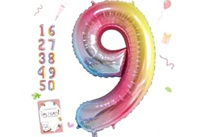 Smlpuame 40 Inch Number Balloons 0-9 Rainbow Gradient Large Number 9 Balloons, Digital Balloons for Birthday Party Celebration Decorations, Helium Foil Number Balloons for Wedding Anniversary