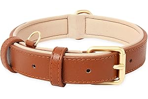 HEELE Miękka skórzana obroża dla psa, oddychająca wyściełana pierścieniem D, regulowana klasyczna obroża dla zwierząt domowych, dla średnich i dużych psów, brązowa, L