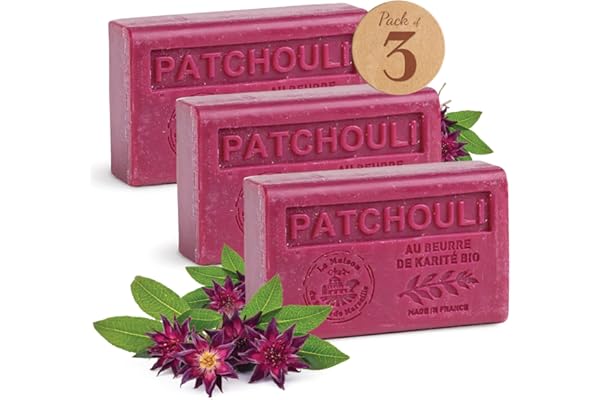 Savon Solide parfumé au Patchouli – Enrichi en Beurre de Karité Bio – Savon Parfumé - 97% d'ingrédients naturels – Fabriqué en Provence – Main & Corps Hydratant – 3x125g