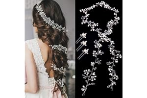 FAVELABLE Fascia Nuziale per Capelli lunghi con Perline 3 Pezzi di strass, 100 cm Vines copricapo da sposa, forcine di U, Argento