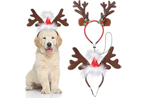 QKURT 2 Pack Dog Christmas Elk Reindeer Antlers Headbands, Xmas Elk Hat Headwear for Dogs, Pet Headband with Santa Hat, Small & Medium Dog Xmas Costume